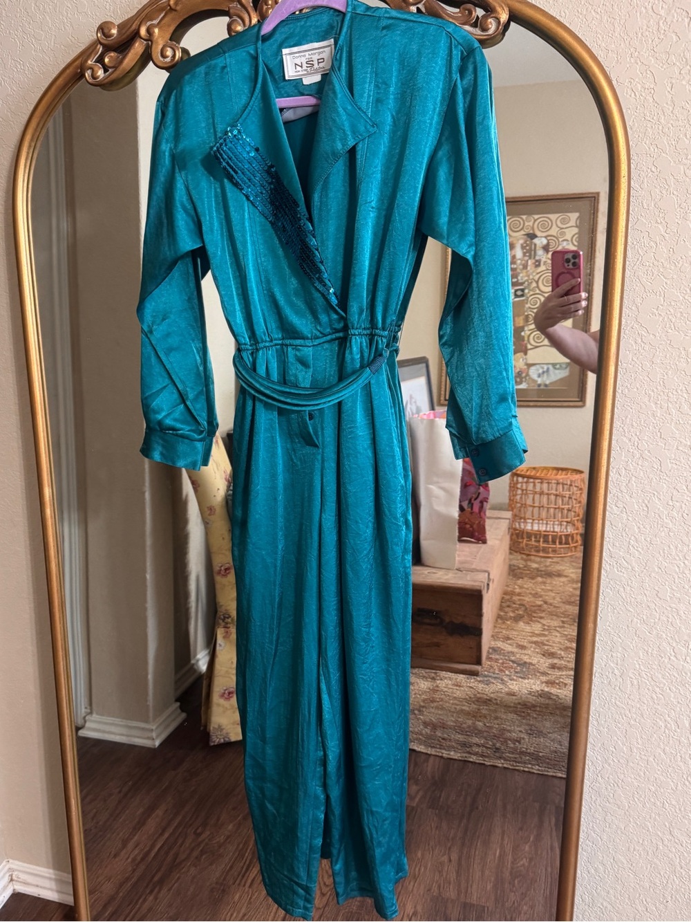 Vintage Donna Morgan for Non Stop Petites 80s Teal Satin Jumpsuit w/Sequins Sml
